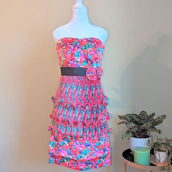 Phoebe Couture Floral Ruffled Belted Strapless Cocktail Midi Dress Size 12 - Picture 10 of 10